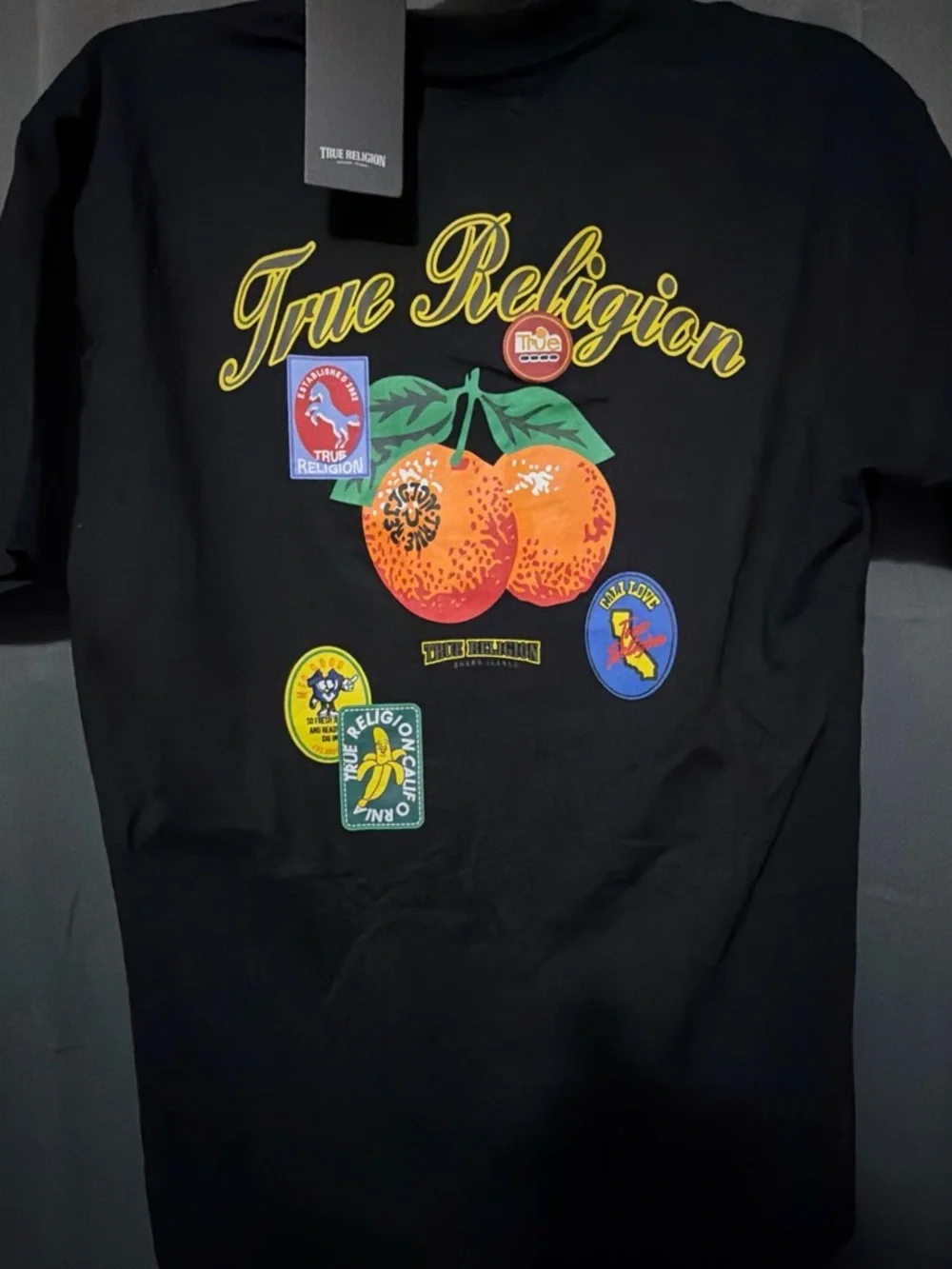 3pk!True Religion Black Tee with Yellow Logo and Orange Fruit Graphic